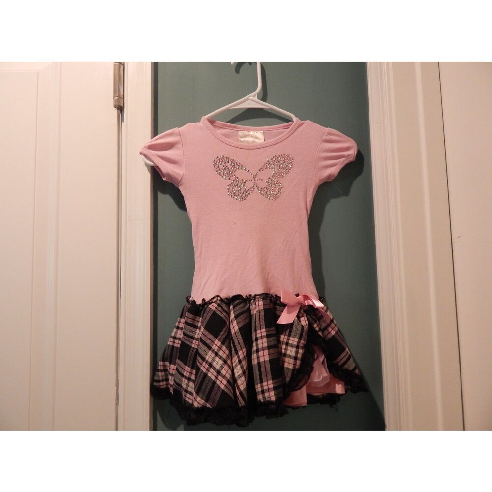 Knitworks girls size 5 pink black plaid vintage butterfly ruffle tutu dress